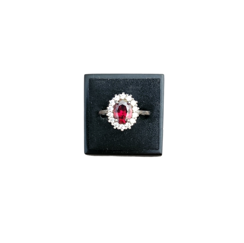 Size 9.5 S925 Red Garnet Halo Ring in Silver - Women's Fine Jewelry